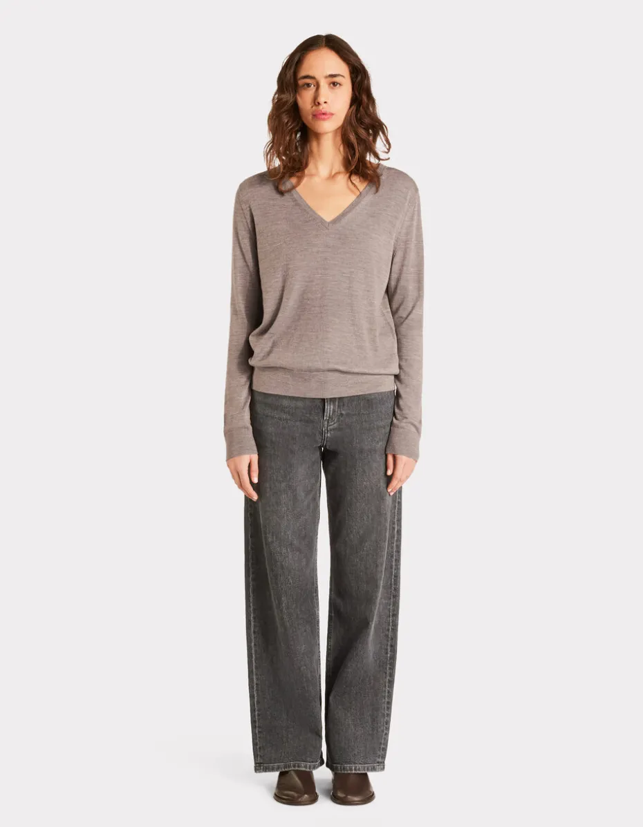100% merinowol V-hals trui - Taupe