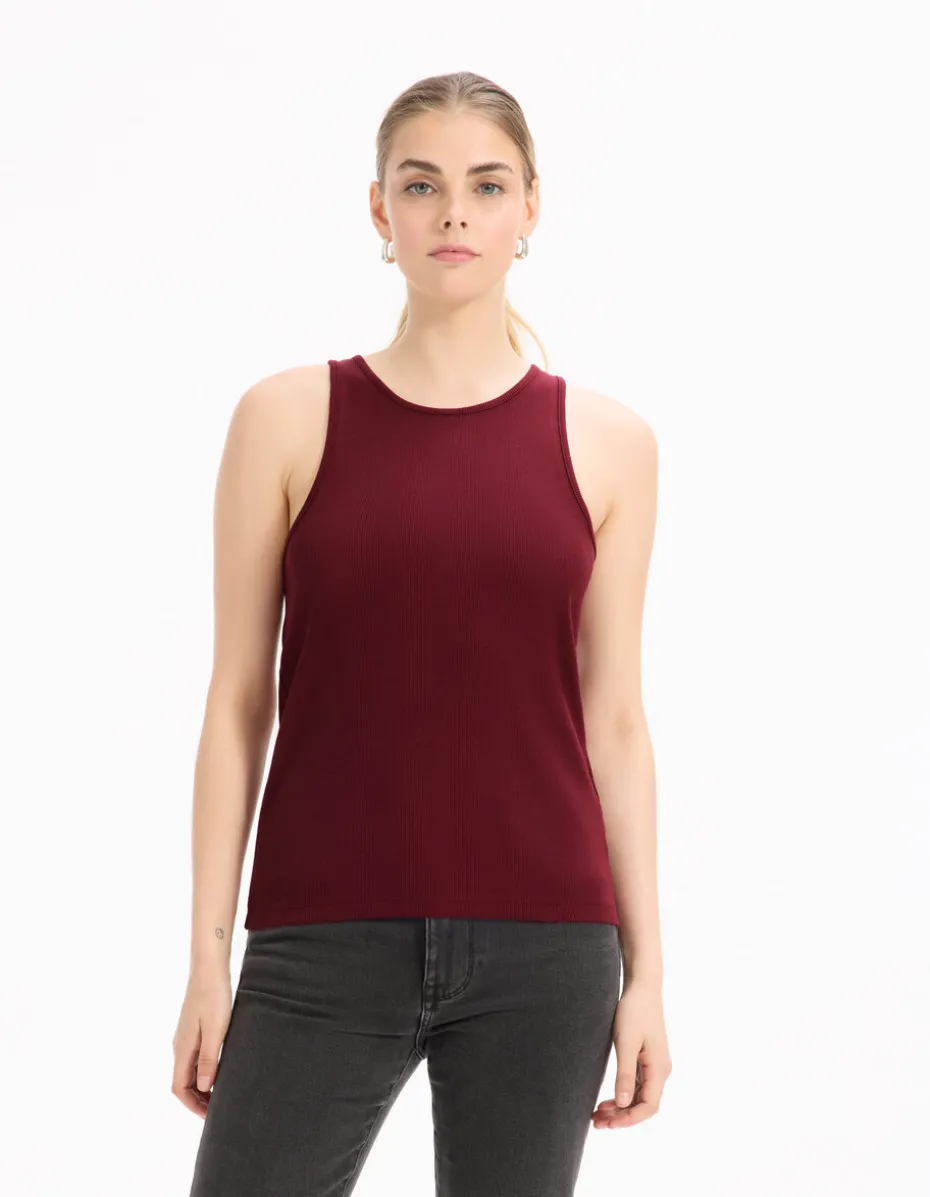 Effen geribbelde tanktop - bordeaux