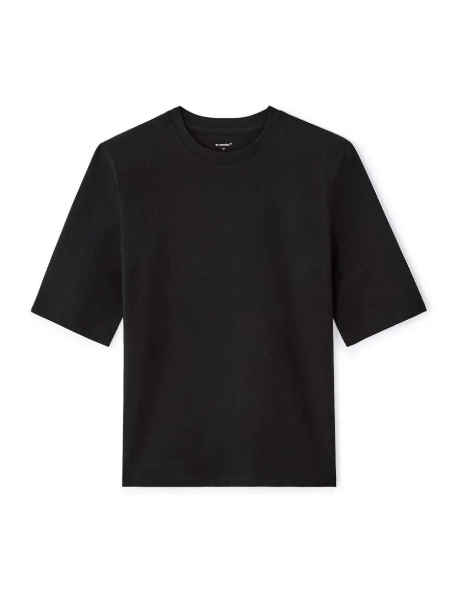 Effen T-shirt met schoudervullingen - Zwart