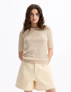 Fijn gebreide trui met korte mouwen - beige