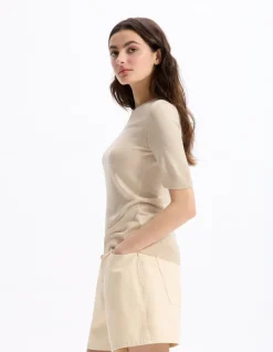 Fijn gebreide trui met korte mouwen - beige