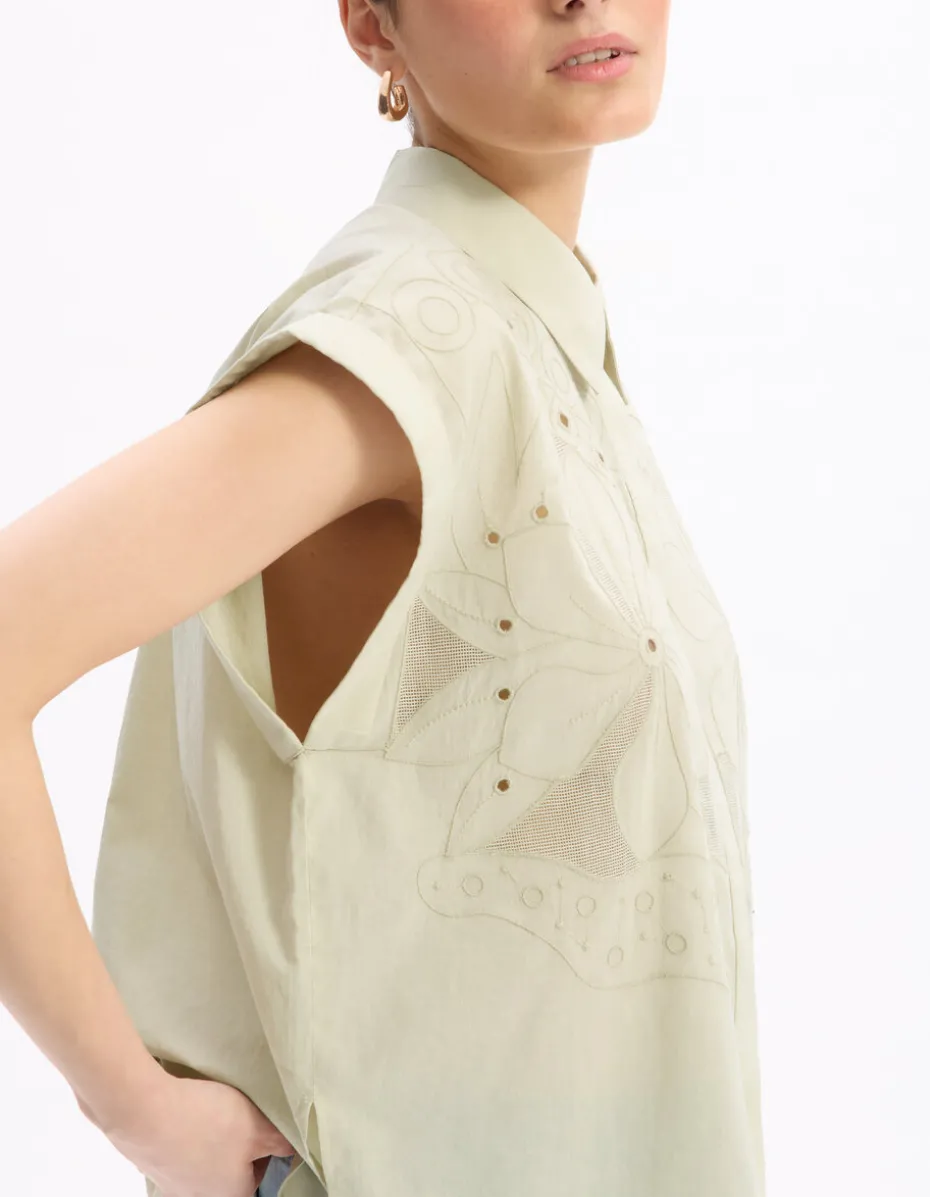 Geborduurde mouwloze blouse - grijs