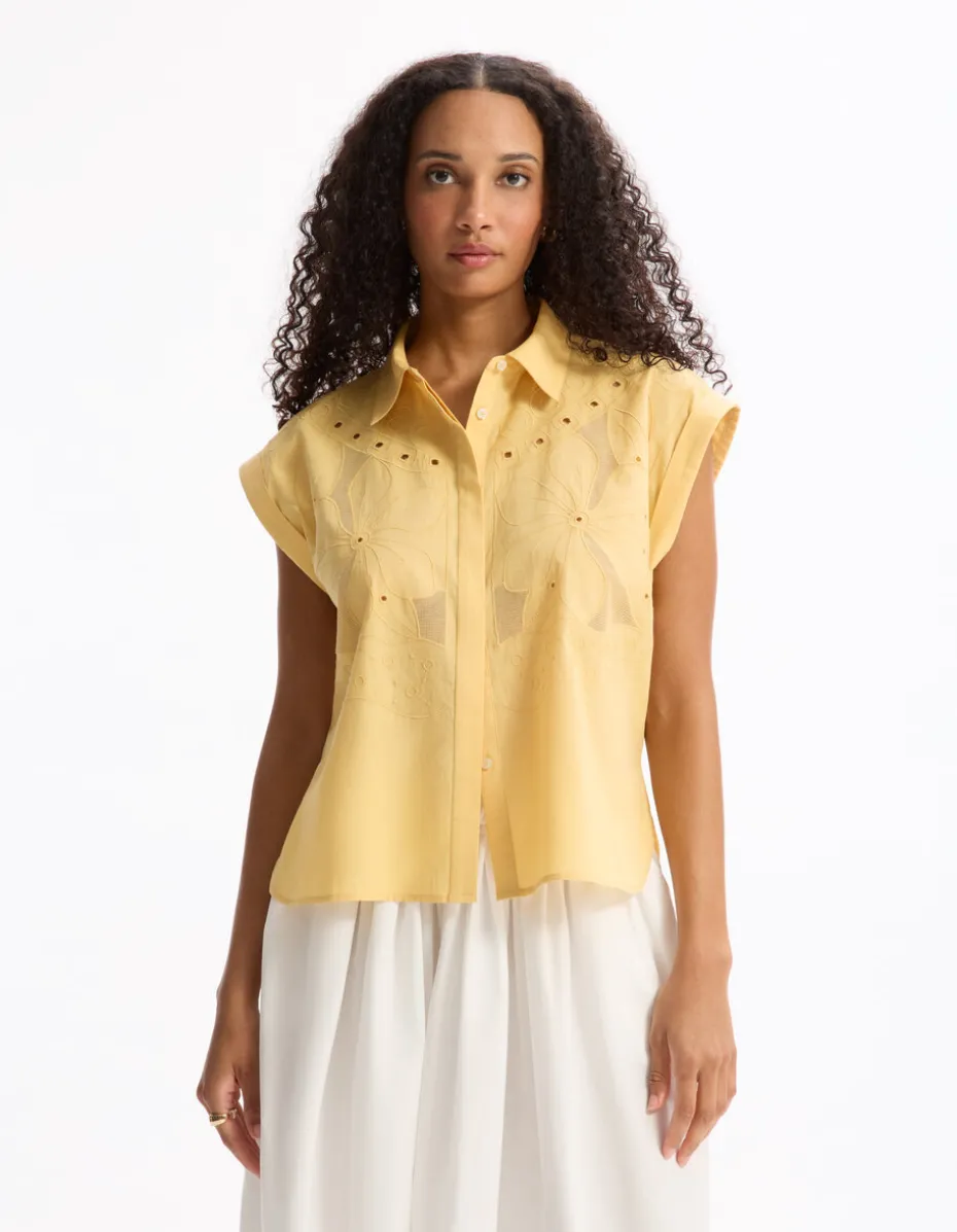 Geborduurde mouwloze blouse - geel