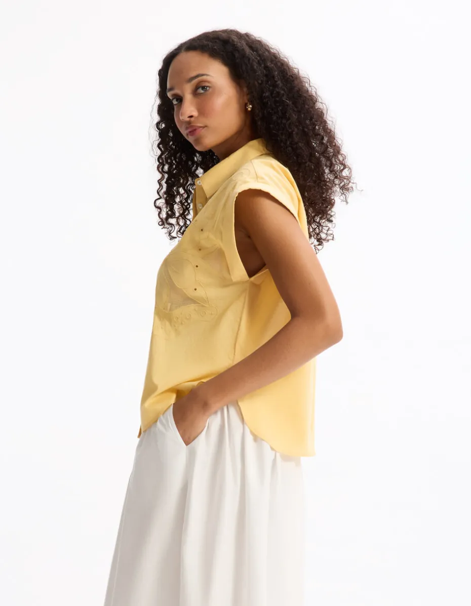 Geborduurde mouwloze blouse - geel