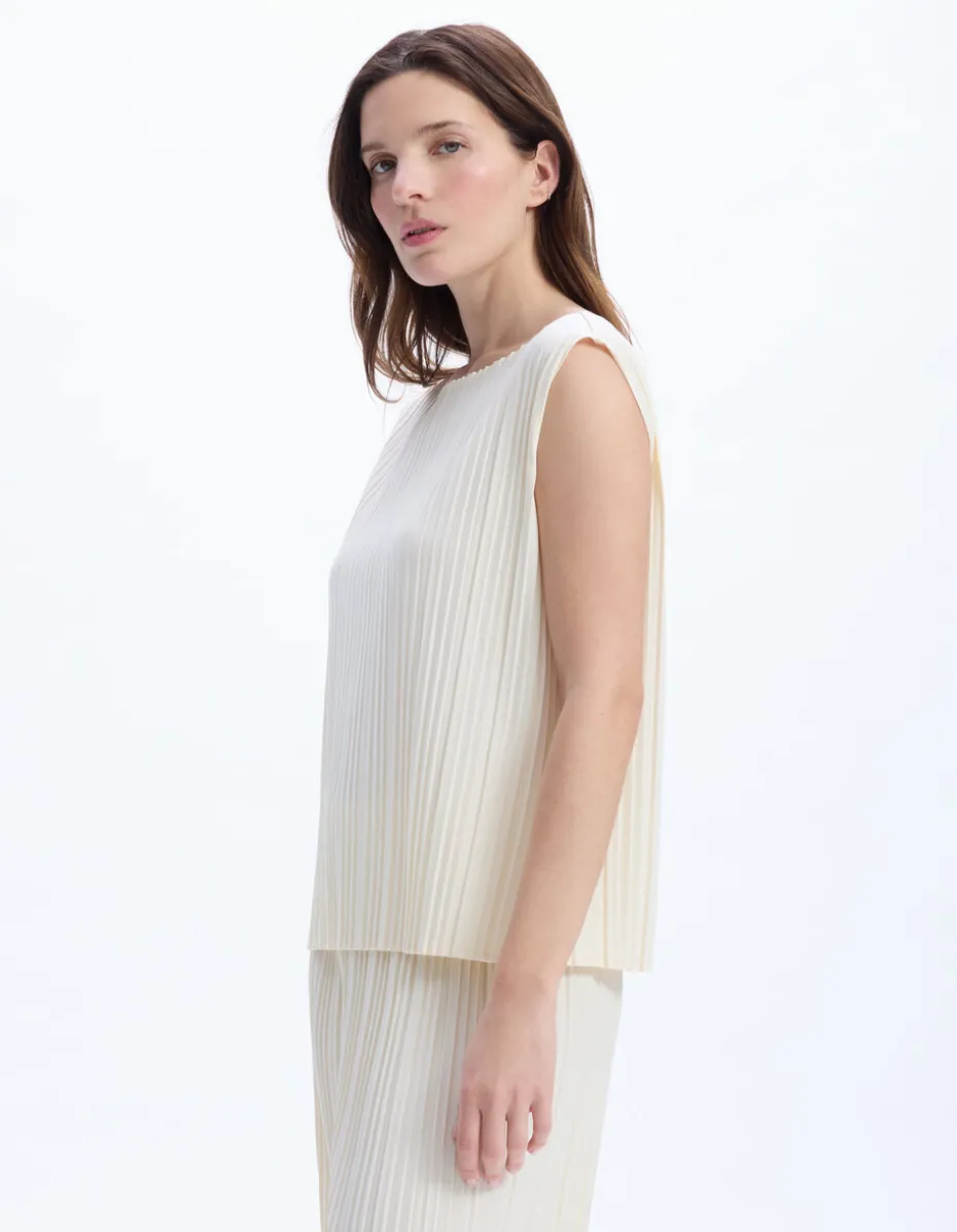 Geplooide mesh top - beige