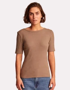 Geribbeld T-shirt met korte mouwen - beige