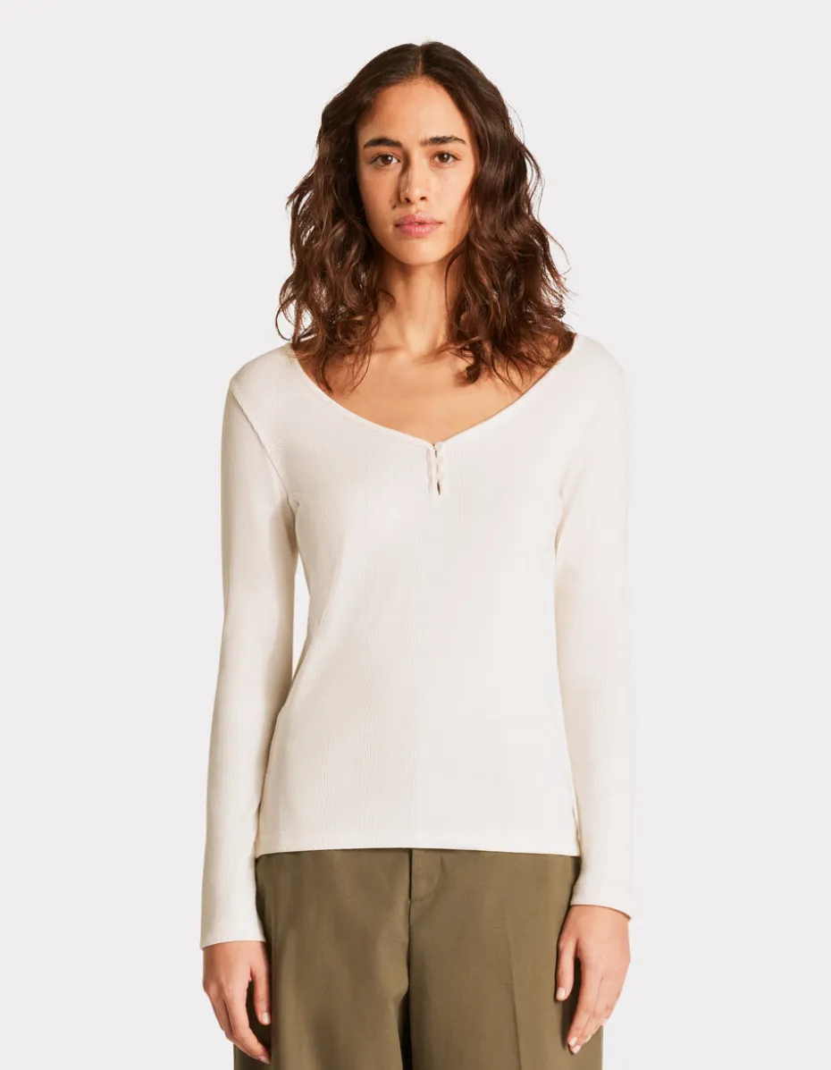 Geribbeld T-shirt met lange mouwen - ecru