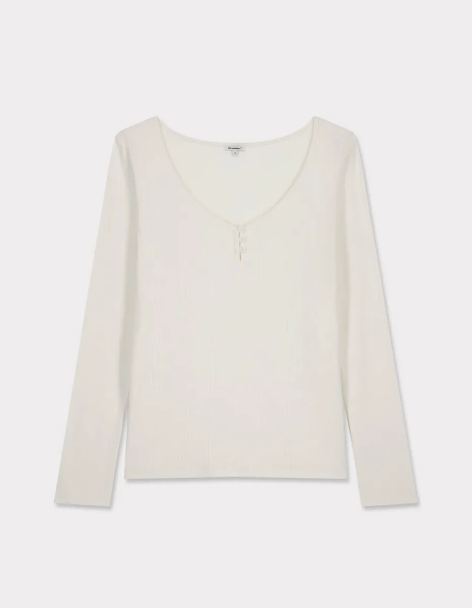 Geribbeld T-shirt met lange mouwen - ecru