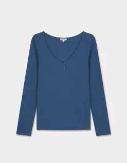 Geribbeld T-shirt met lange mouwen - blauw