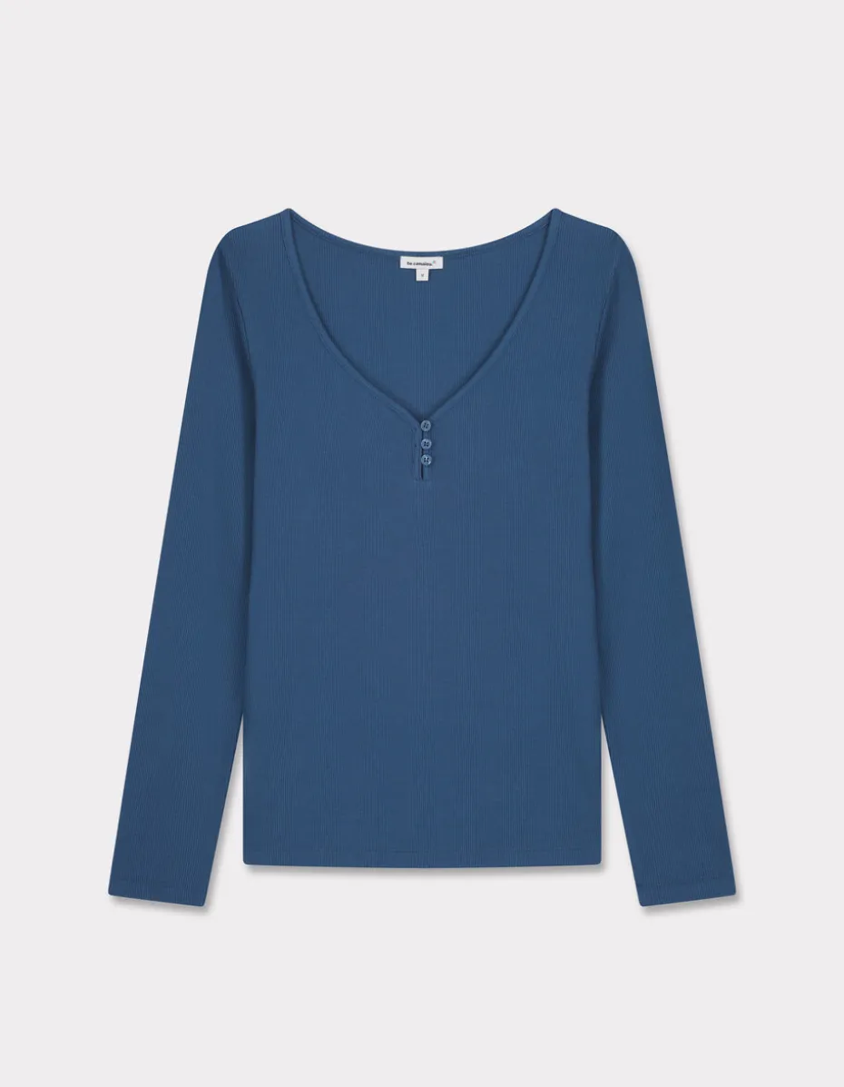 Geribbeld T-shirt met lange mouwen - blauw
