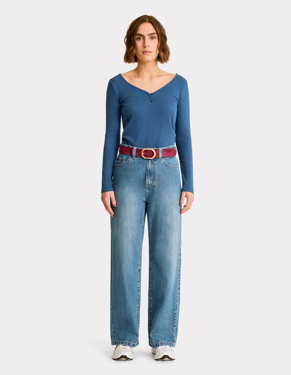 Geribbeld T-shirt met lange mouwen - blauw