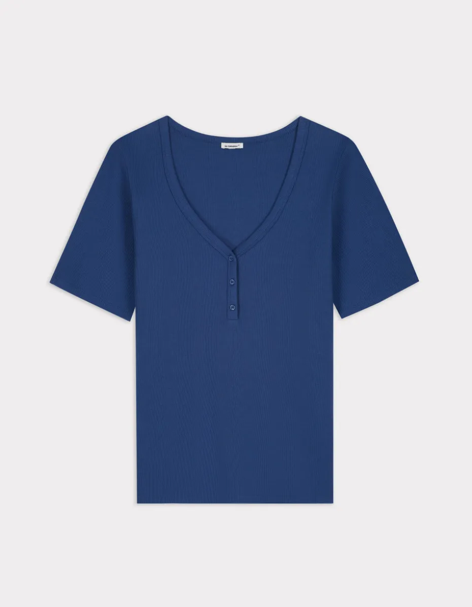 Geribbeld V-hals T-shirt - blauw