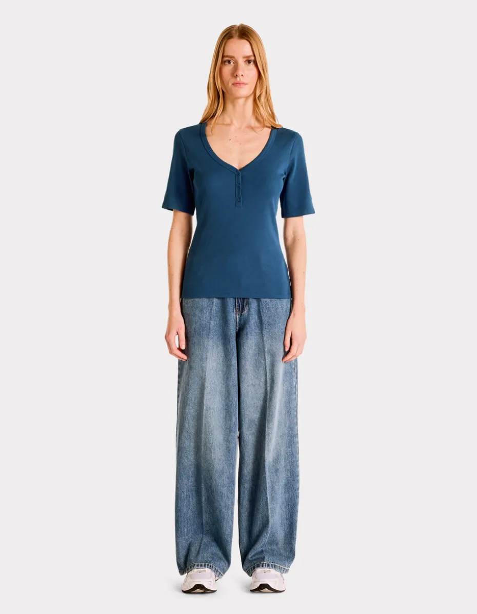 Geribbeld V-hals T-shirt - blauw