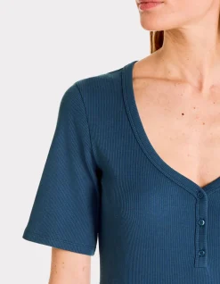 Geribbeld V-hals T-shirt - blauw