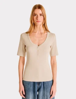 Geribbeld V-hals T-shirt - beige