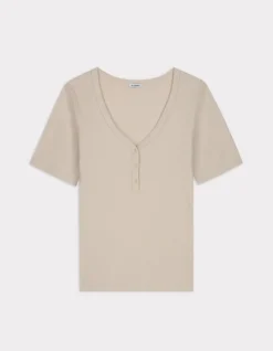 Geribbeld V-hals T-shirt - beige