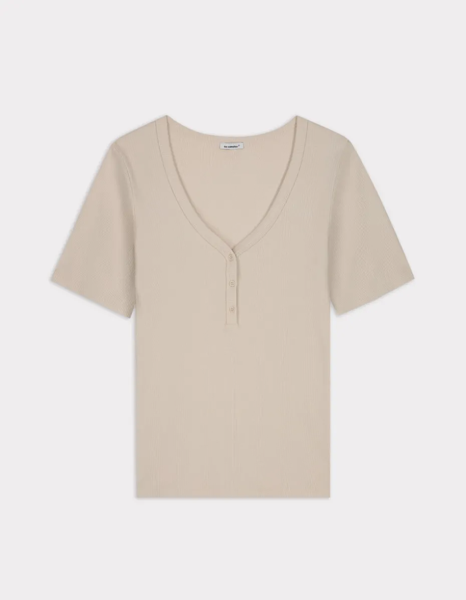 Geribbeld V-hals T-shirt - beige