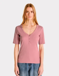 Geribbeld V-hals T-shirt - roze