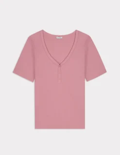 Geribbeld V-hals T-shirt - roze