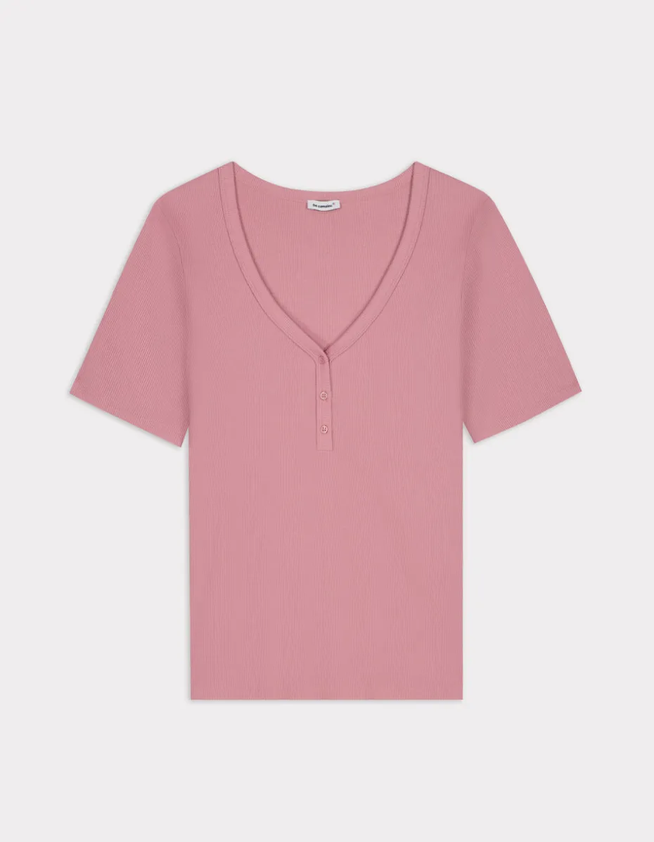 Geribbeld V-hals T-shirt - roze
