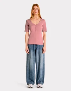 Geribbeld V-hals T-shirt - roze