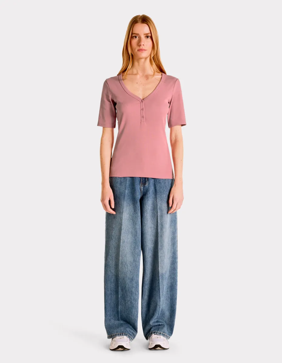 Geribbeld V-hals T-shirt - roze