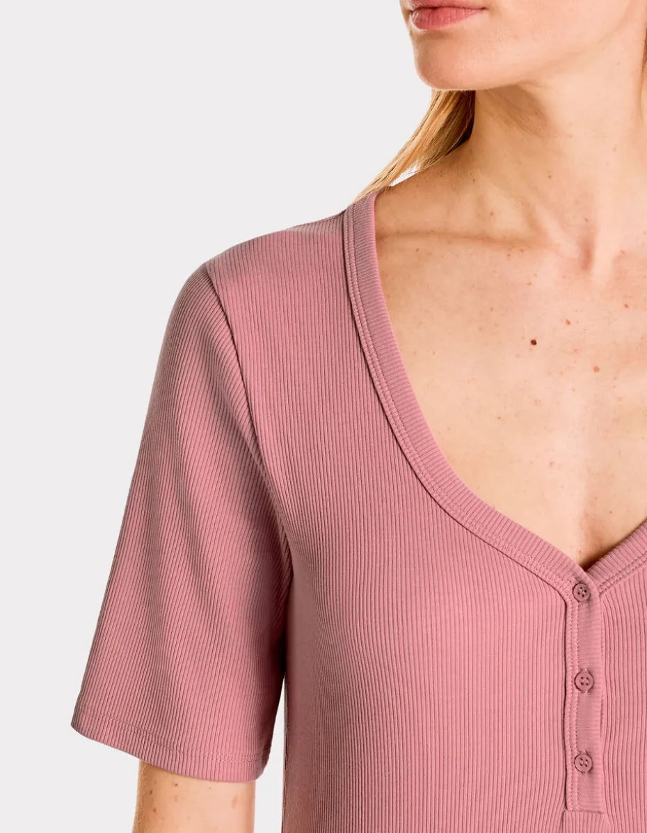Geribbeld V-hals T-shirt - roze