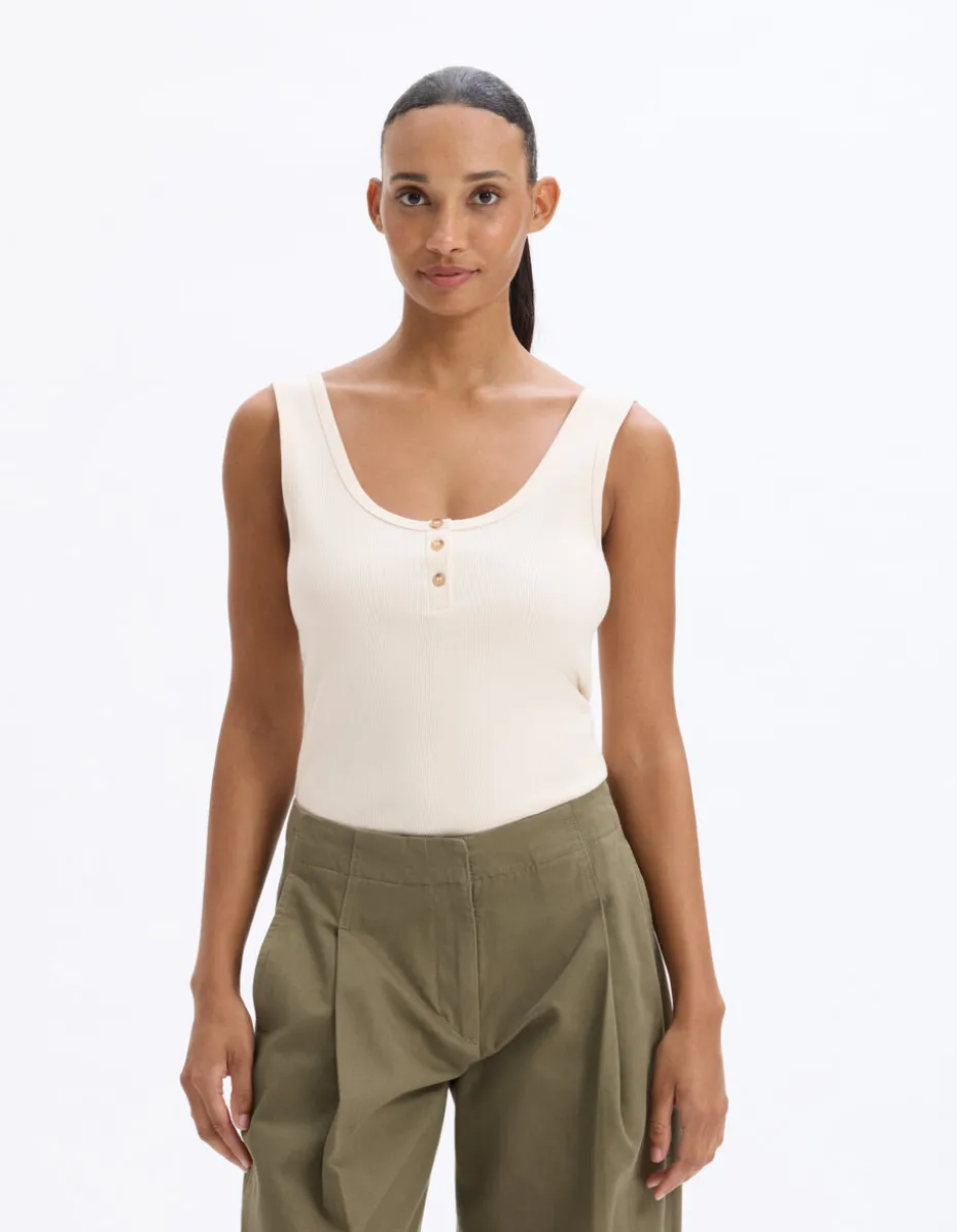 Geribbelde cropped tanktop - beige