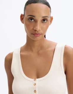 Geribbelde cropped tanktop - beige