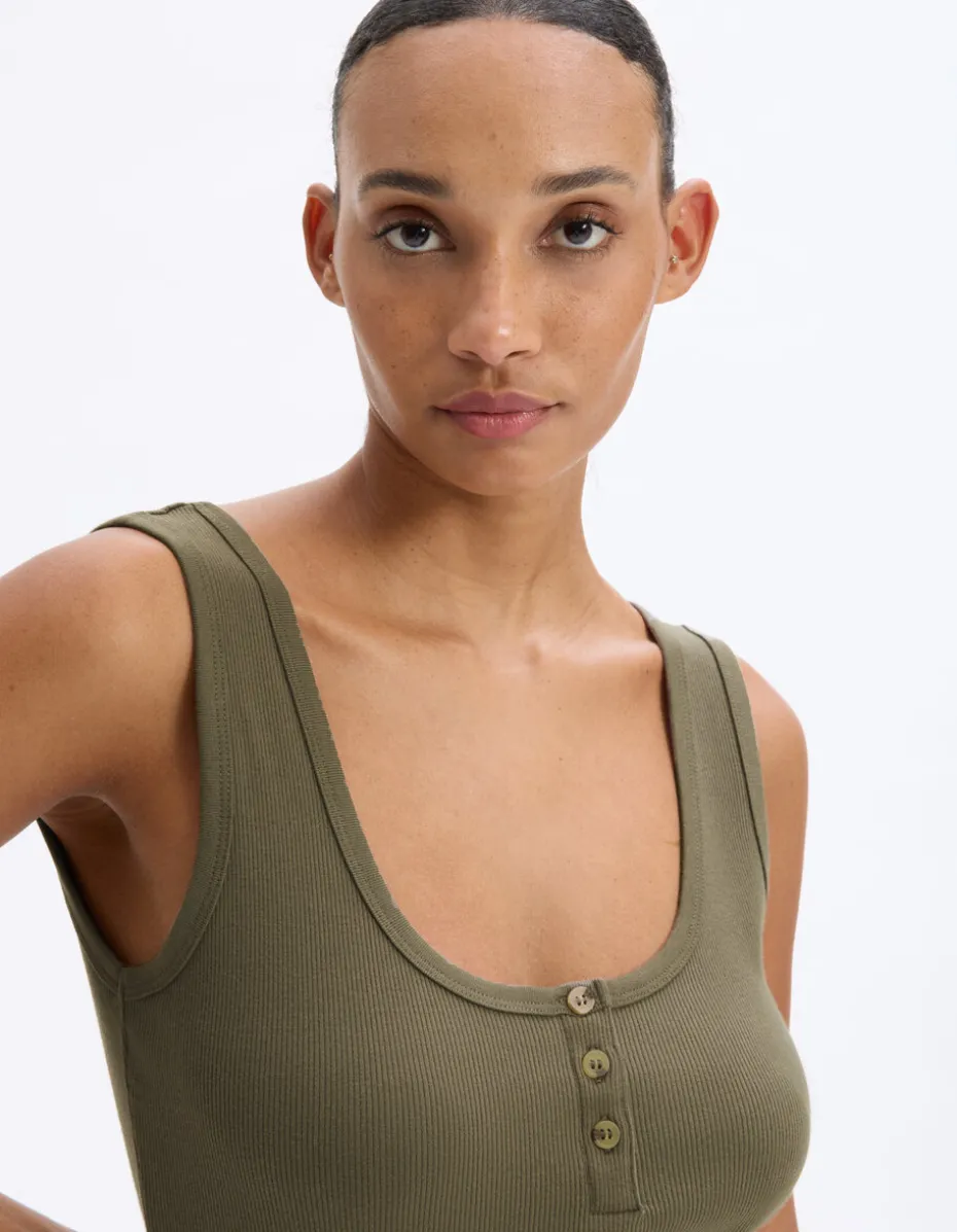 Geribbelde cropped tanktop - kaki