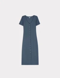 Geribbelde maxi-jurk met knoopjes - blauw