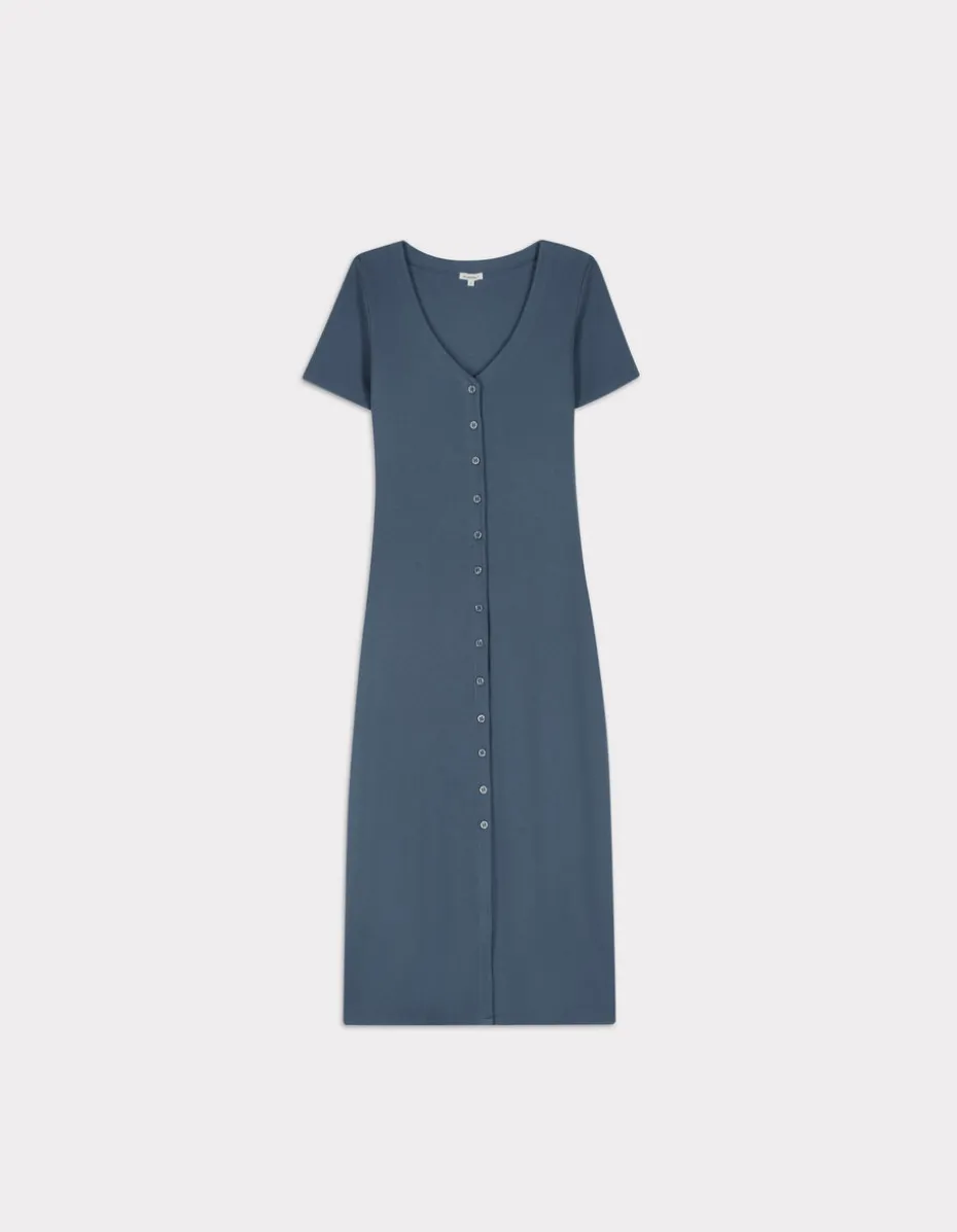 Geribbelde maxi-jurk met knoopjes - blauw