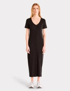 Geribbelde maxi-jurk met knoopjes - zwart