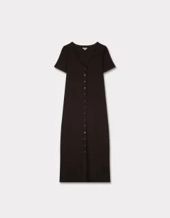 Geribbelde maxi-jurk met knoopjes - zwart