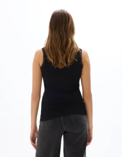 Geribbelde tanktop met kant - zwart