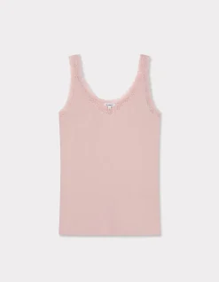 Geribbelde tanktop met kant - roze