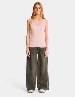 Geribbelde tanktop met kant - roze