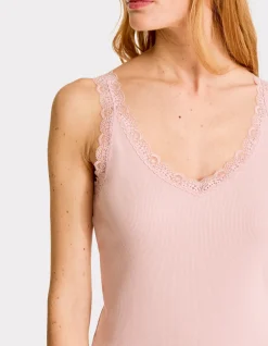 Geribbelde tanktop met kant - roze