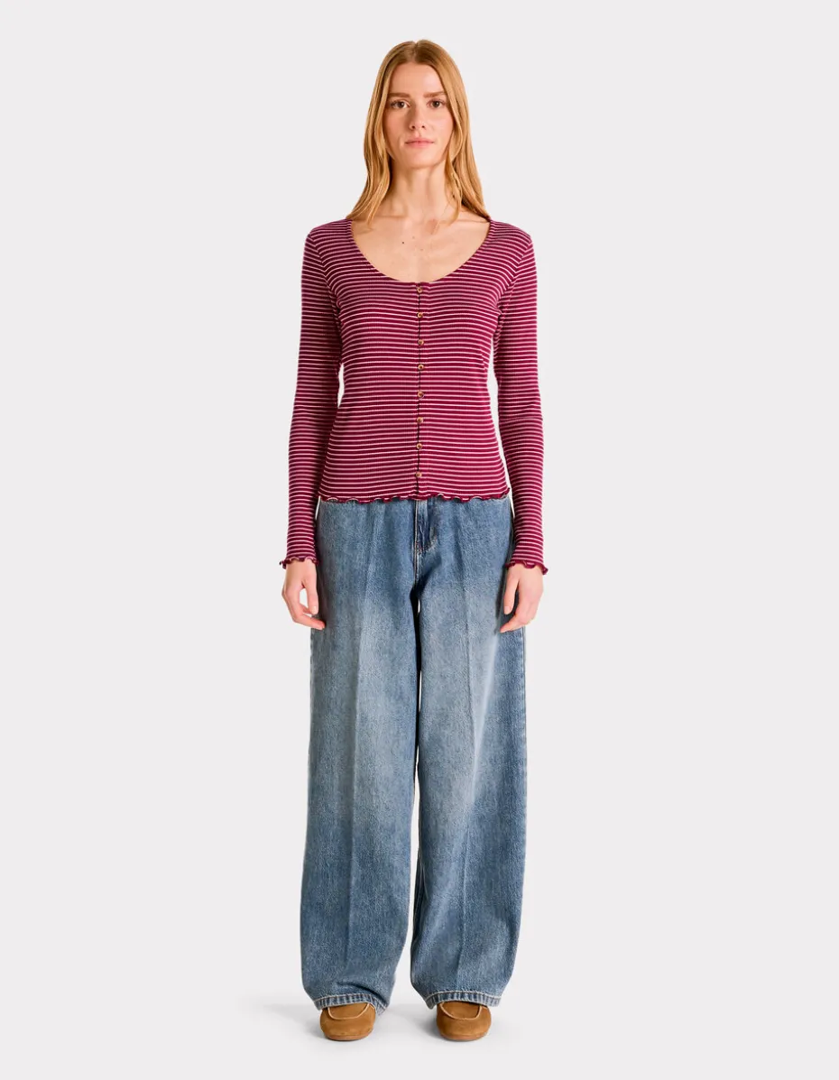 Gestreept geribbeld T-shirt - rood