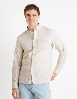 Gestreept katoenen Oxford hemd regular fit - beige