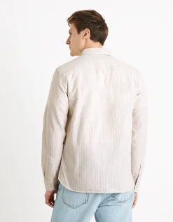 Gestreept katoenen Oxford hemd regular fit - beige
