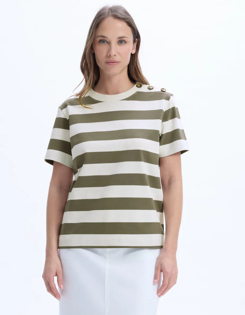 Gestreept T-shirt met knoopjes - kaki