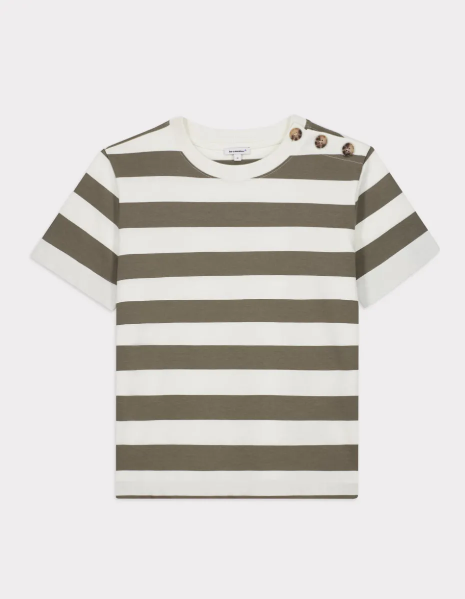 Gestreept T-shirt met knoopjes - kaki