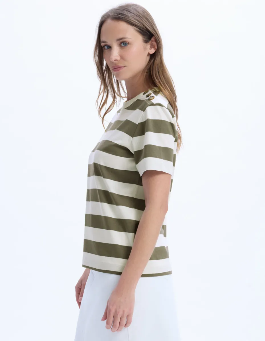 Gestreept T-shirt met knoopjes - kaki