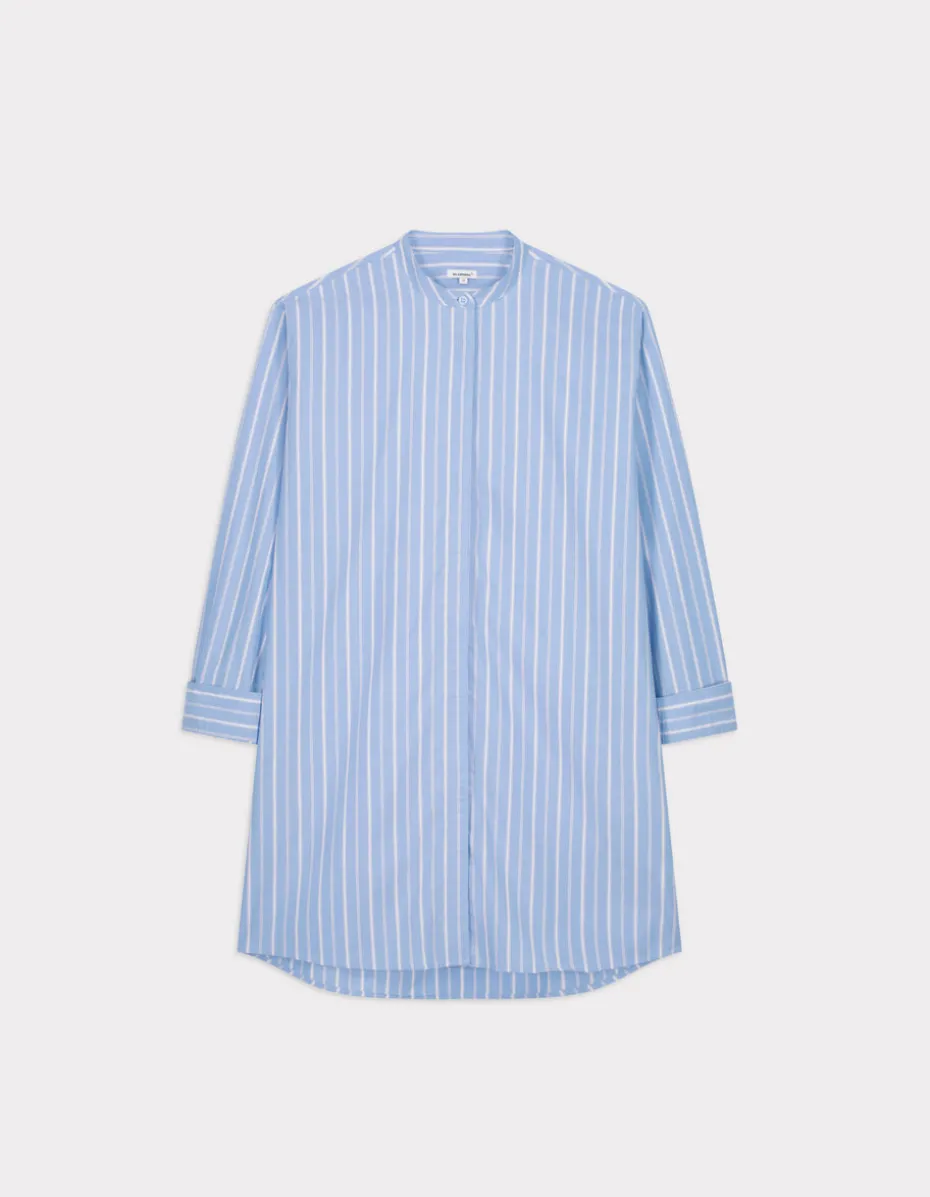 Gestreepte jurk met mandarijnkraag - marineblauw