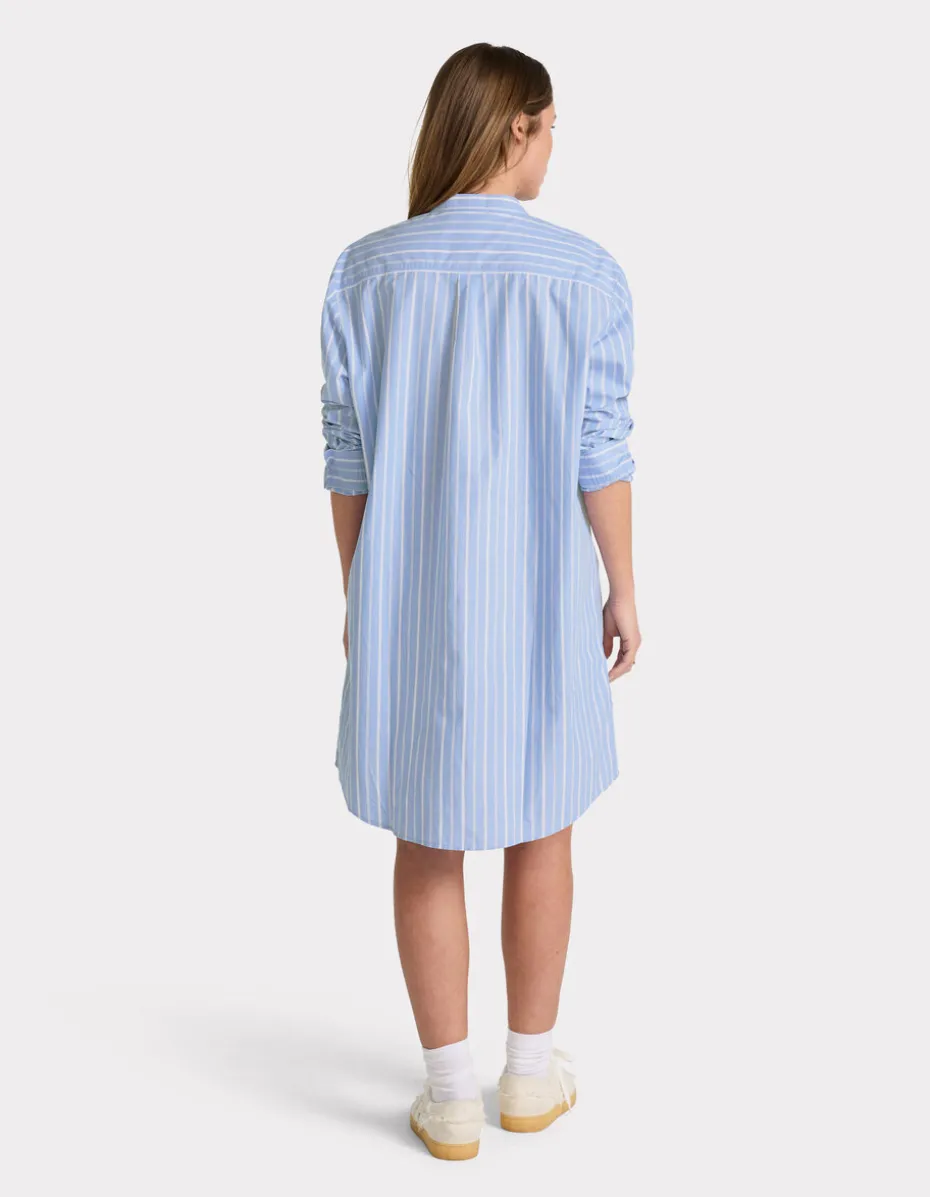 Gestreepte jurk met mandarijnkraag - marineblauw