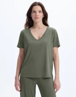 Getailleerd modal V-hals T-shirt - olijfgroen