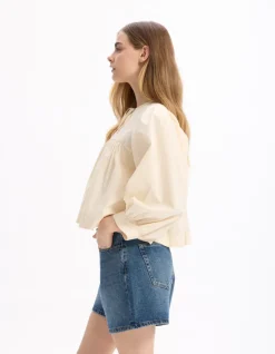 Katoenen blouse met Tunesische halslijn - beige