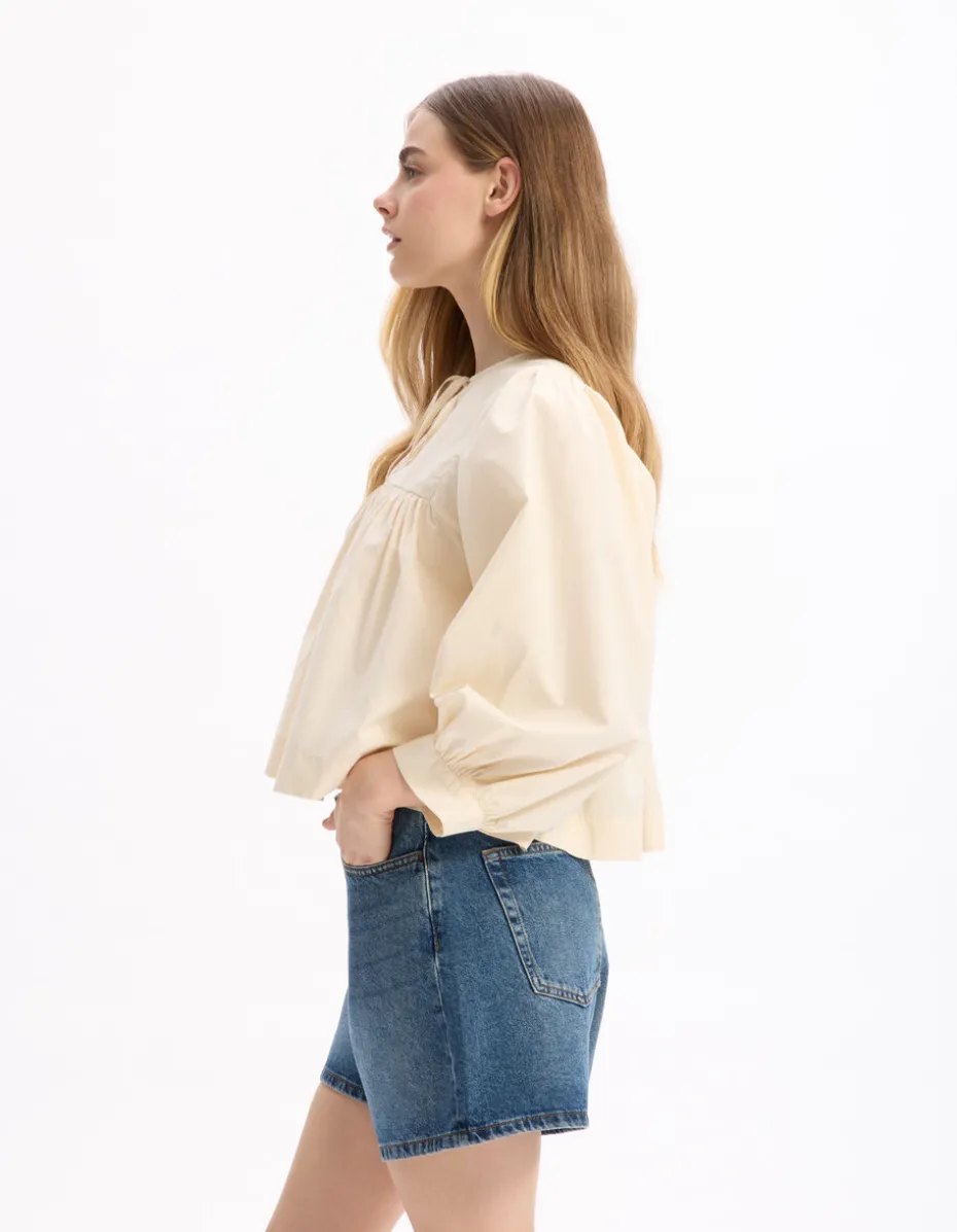 Katoenen blouse met Tunesische halslijn - beige