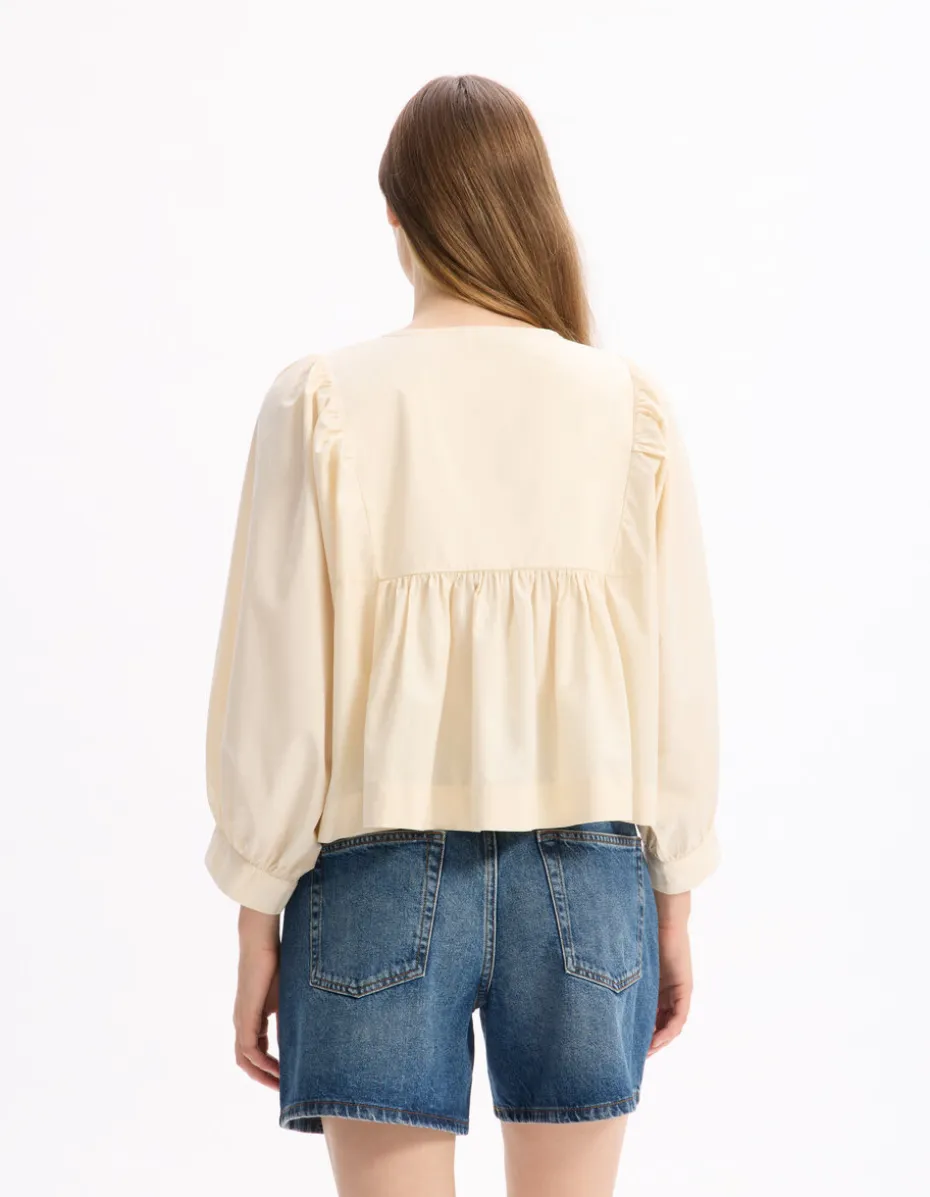 Katoenen blouse met Tunesische halslijn - beige